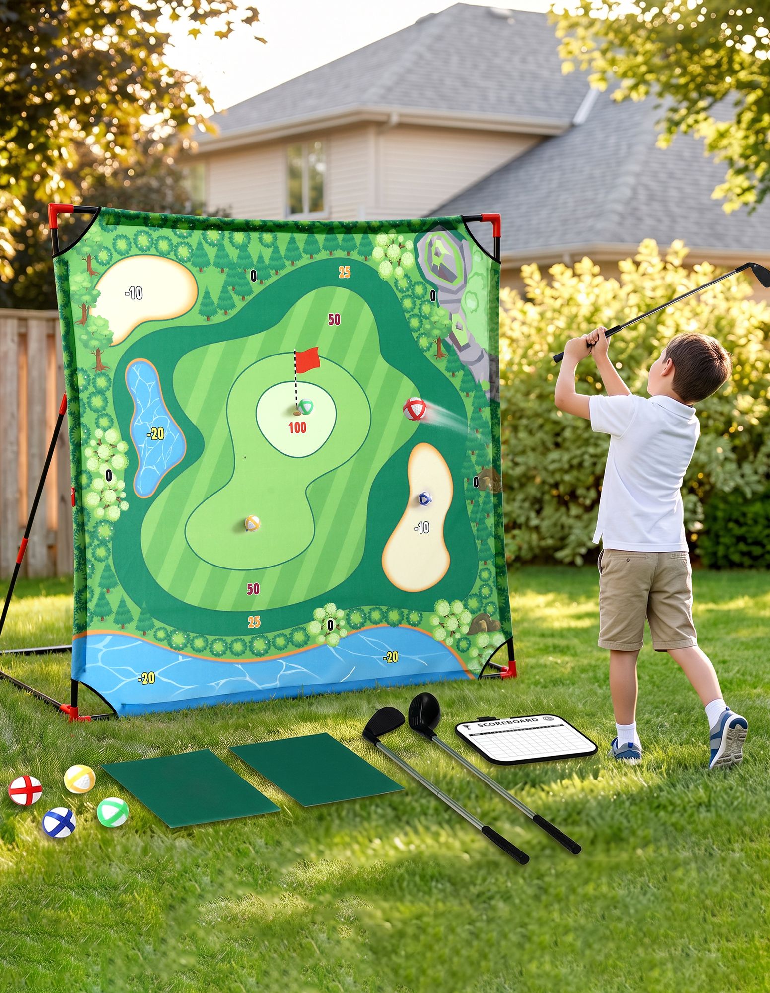 Keezi Kids Golf Chipping Game Set with Stand, 24 Sticky Balls, Adjustable Club &amp; 2 Hitting Mats for Indoor Outdoor Ages 3-12 Play