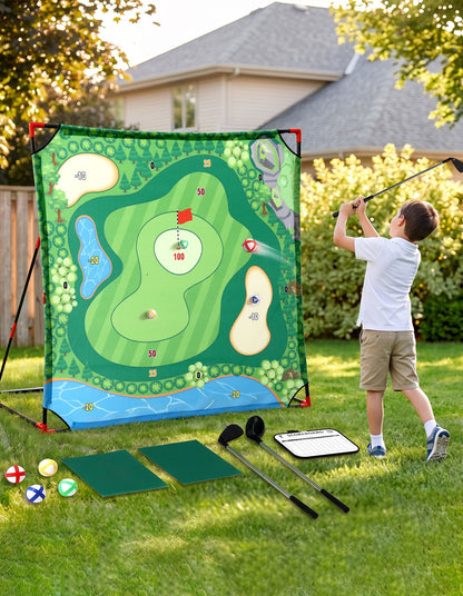 Keezi Kids Golf Chipping Game Set with Stand, 24 Sticky Balls, Adjustable Club &amp; 2 Hitting Mats for Indoor Outdoor Ages 3-12 Play