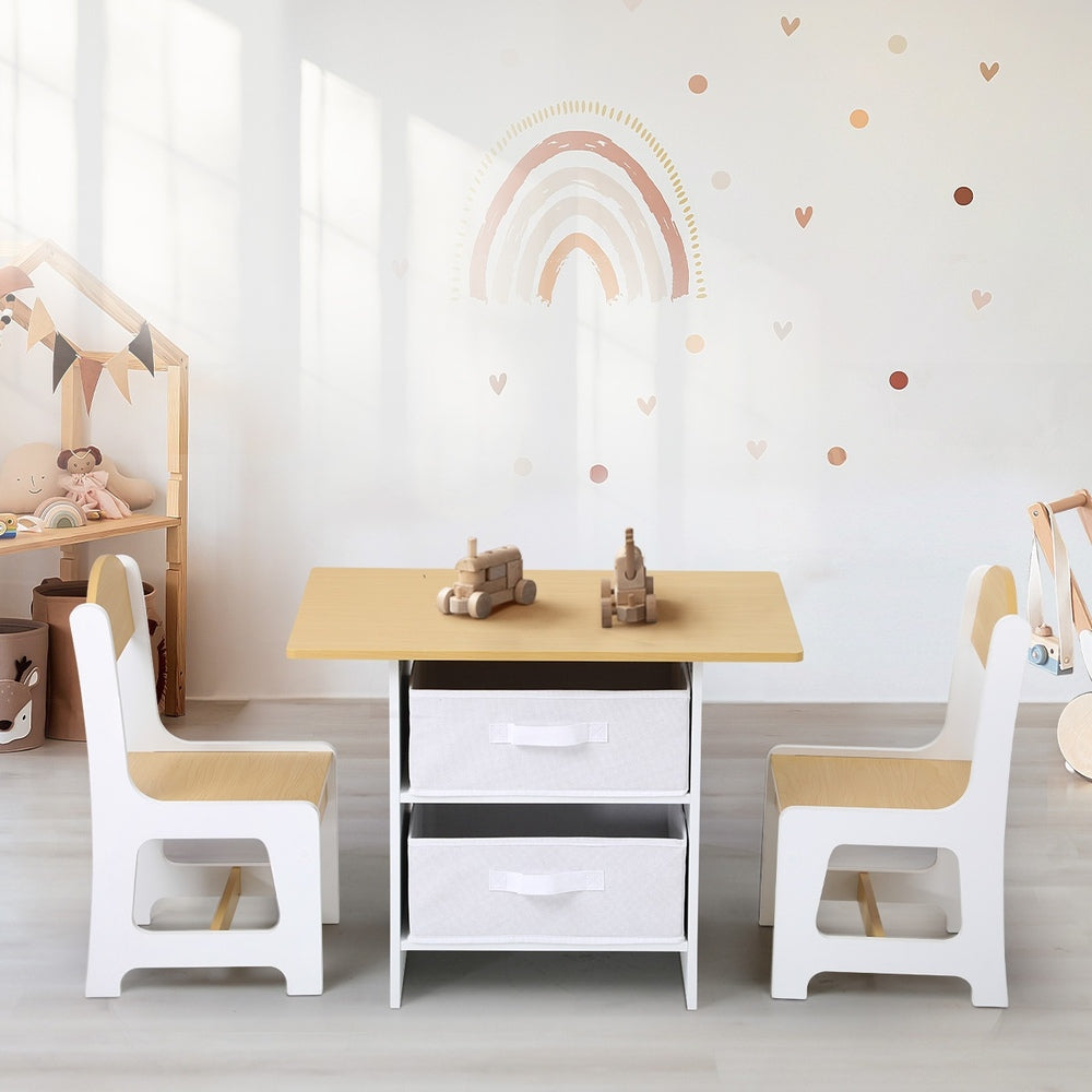 Oikiture Kids Table and Chair Set with Storage Bins Wooden &amp; White-Kid Table Set-PEROZ Accessories