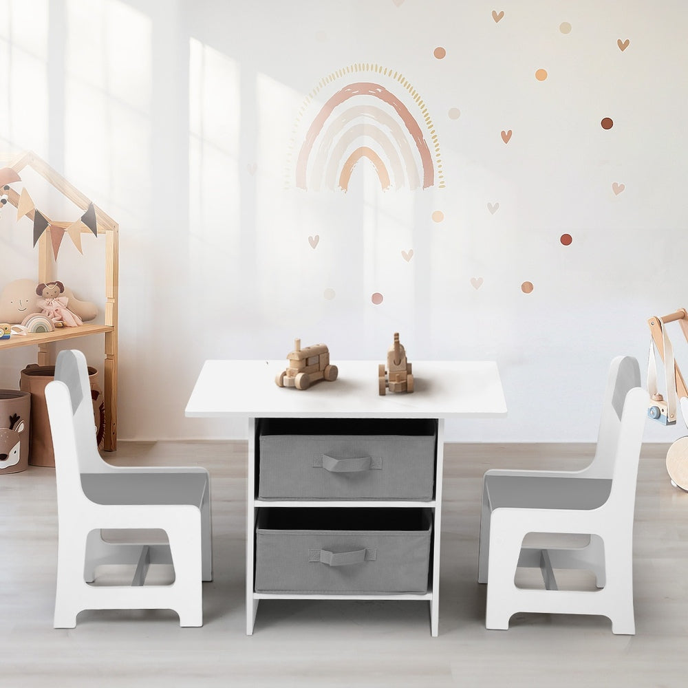 Oikiture Kids Table and Chair Set with Storage Bins White &amp; Grey-Kid Table Set-PEROZ Accessories