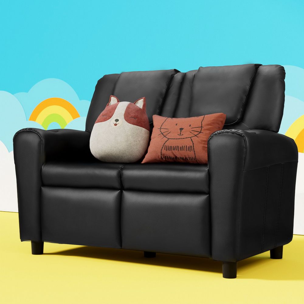 Keezi Kids Recliner Chair 2 Seats PU Leather Sofa Lounge Couch Armchair Black-Furniture > Office > Office &amp; Desk Chairs-PEROZ Accessories