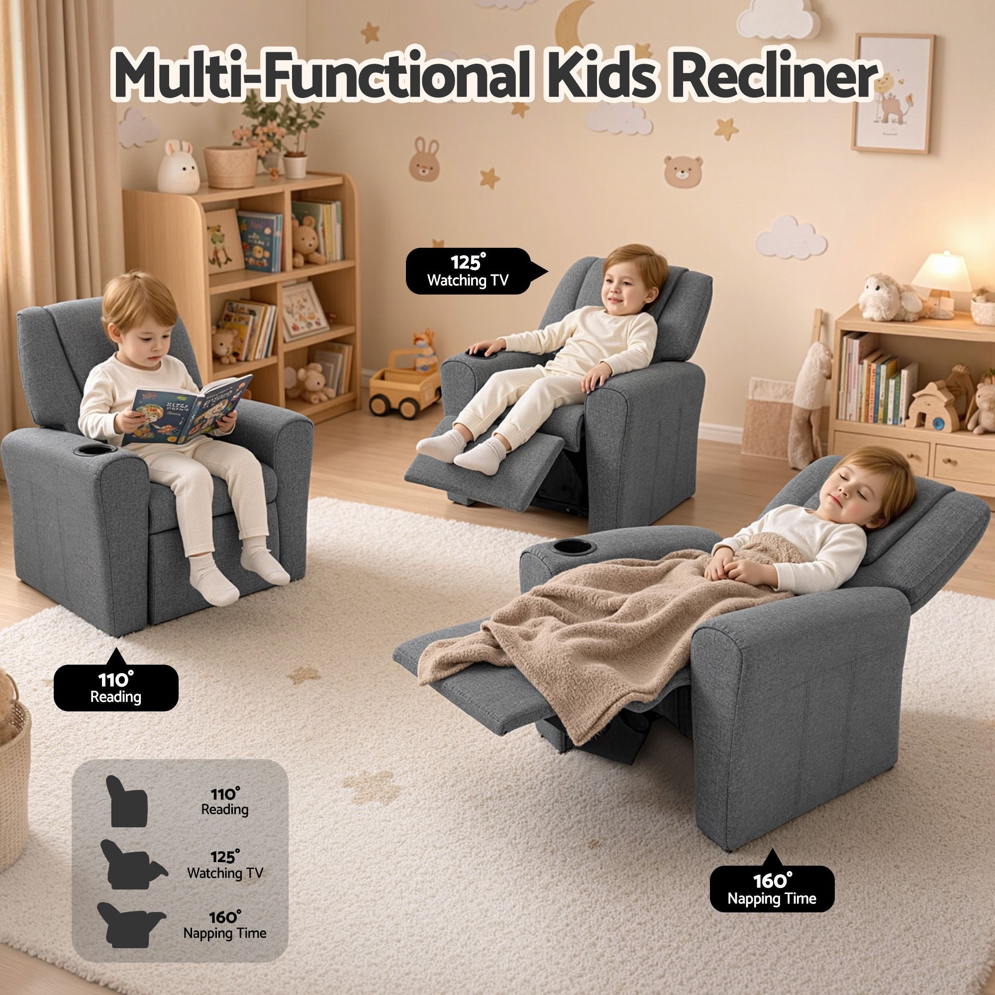 Keezi Kids Recliner Chair Grey Linen Soft Sofa Lounge Couch Children Armchair-Recliner Chairs-PEROZ Accessories