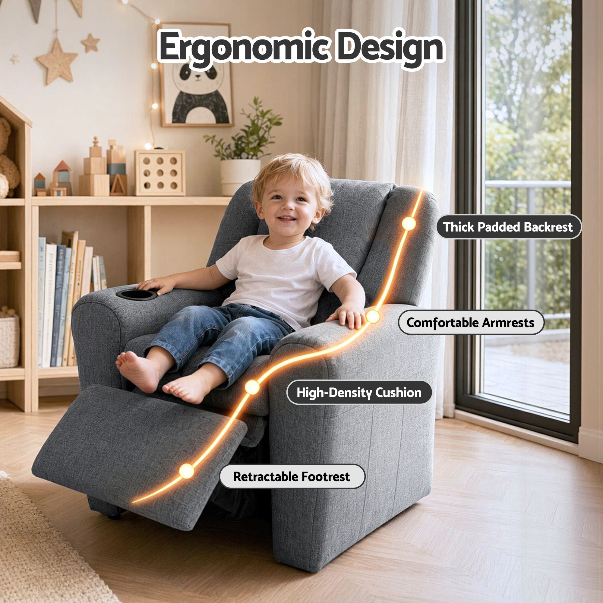 Keezi Kids Recliner Chair Grey Linen Soft Sofa Lounge Couch Children Armchair-Recliner Chairs-PEROZ Accessories