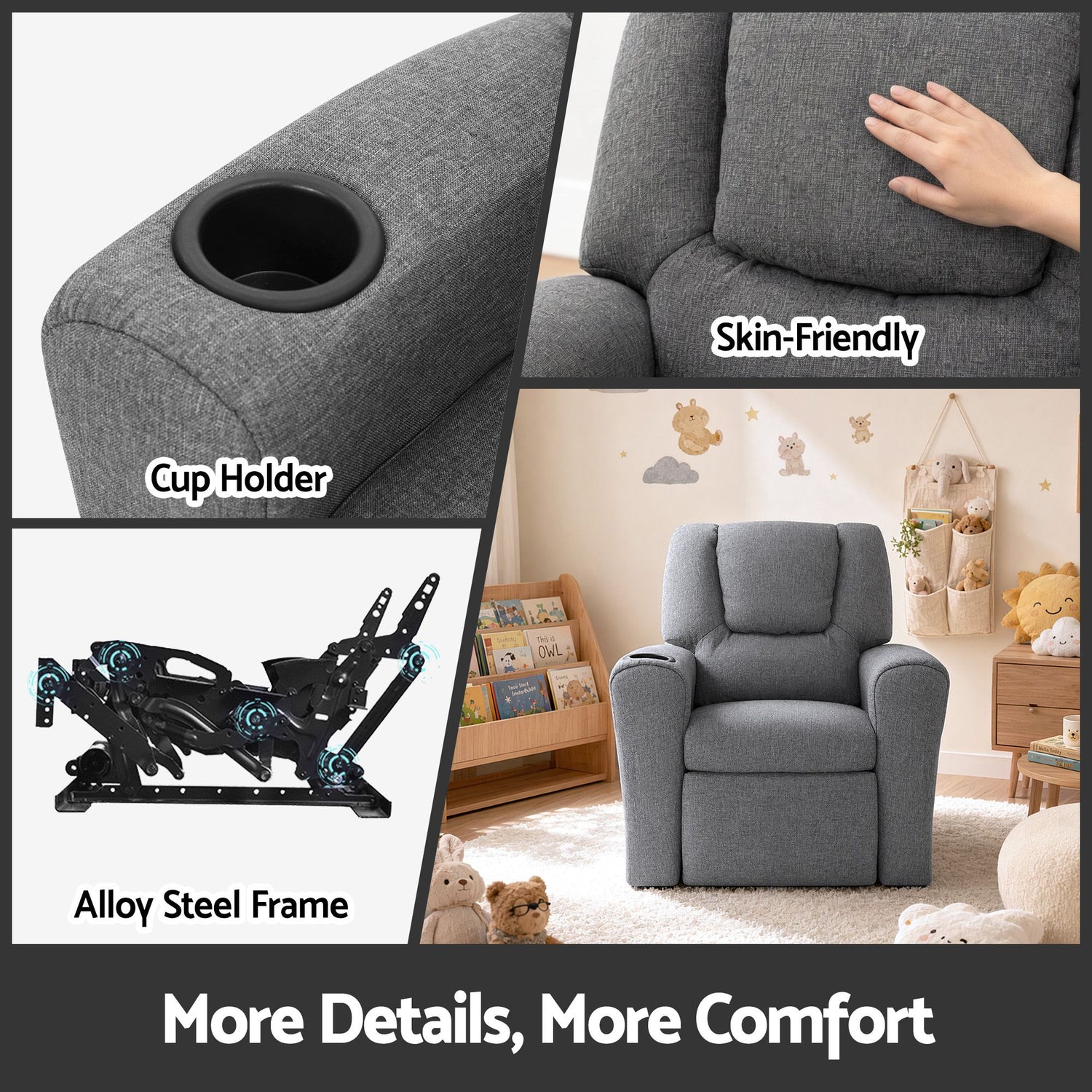 Keezi Kids Recliner Chair Grey Linen Soft Sofa Lounge Couch Children Armchair-Recliner Chairs-PEROZ Accessories