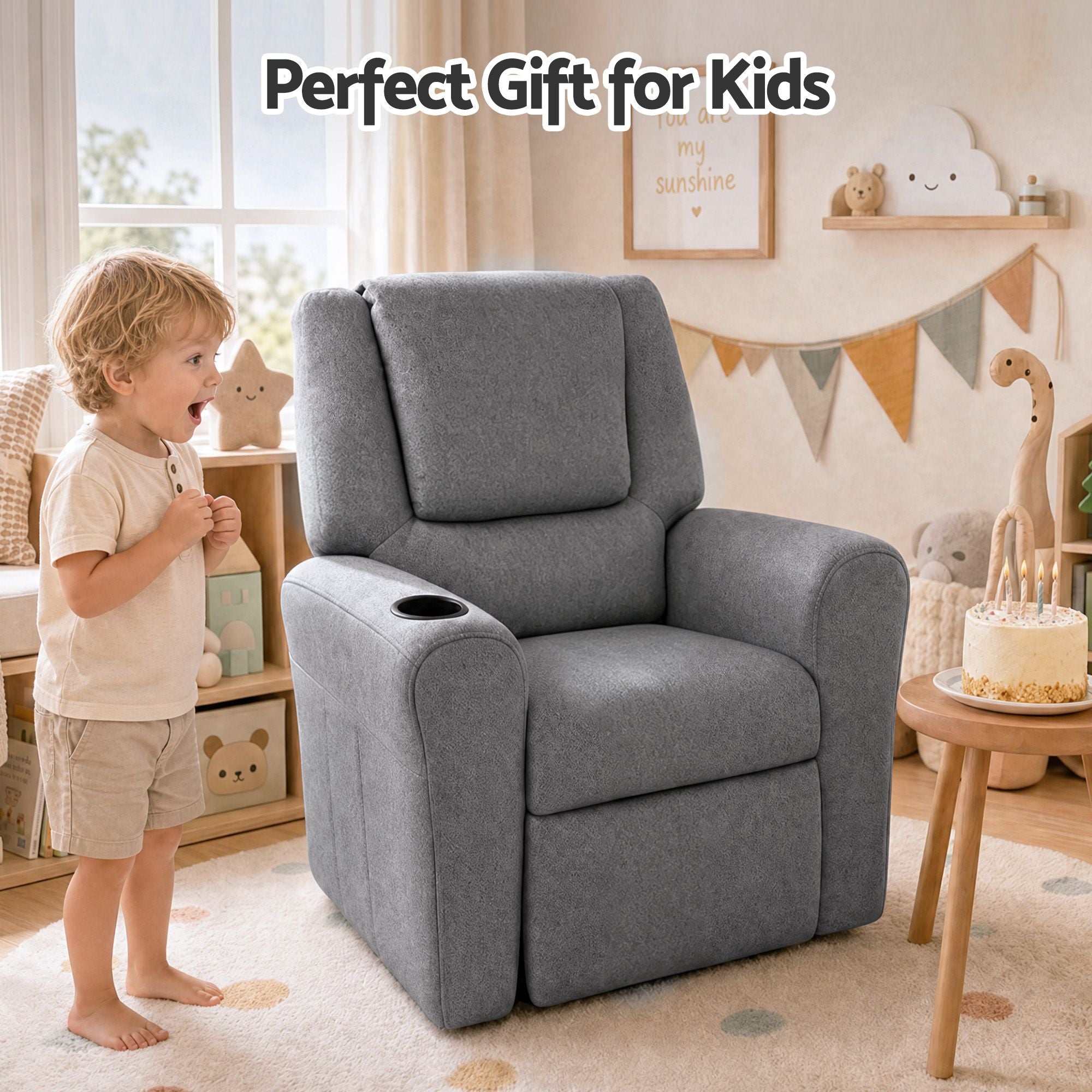 Keezi Kids Recliner Chair Grey Linen Soft Sofa Lounge Couch Children Armchair-Recliner Chairs-PEROZ Accessories