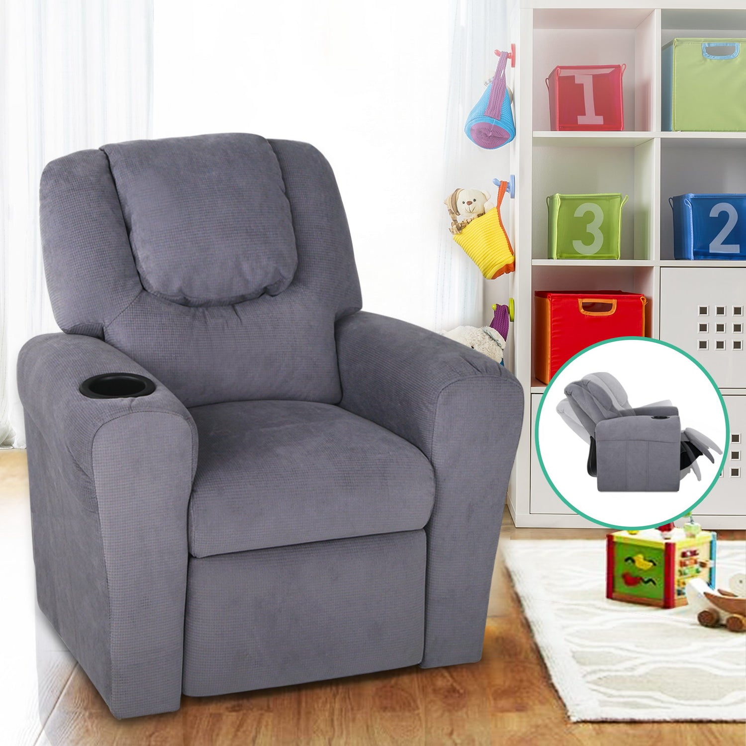 Keezi Kids Recliner Chair Linen Soft Sofa Lounge Couch Children Armchair Grey-Recliner Chairs-PEROZ Accessories