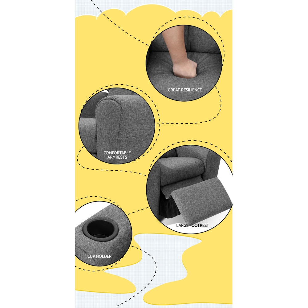 Keezi Kids Recliner Chair Linen Soft Sofa Lounge Couch Children Armchair Grey-Recliner Chairs-PEROZ Accessories