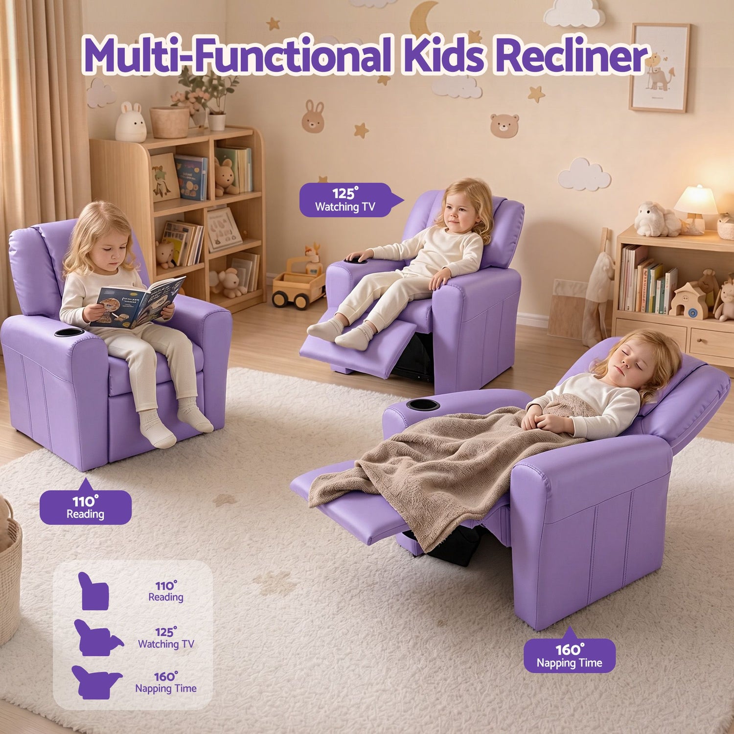 Keezi Kids Recliner Chair Purple PU Leather Sofa Lounge Couch Children Armchair-Recliner Chairs-PEROZ Accessories