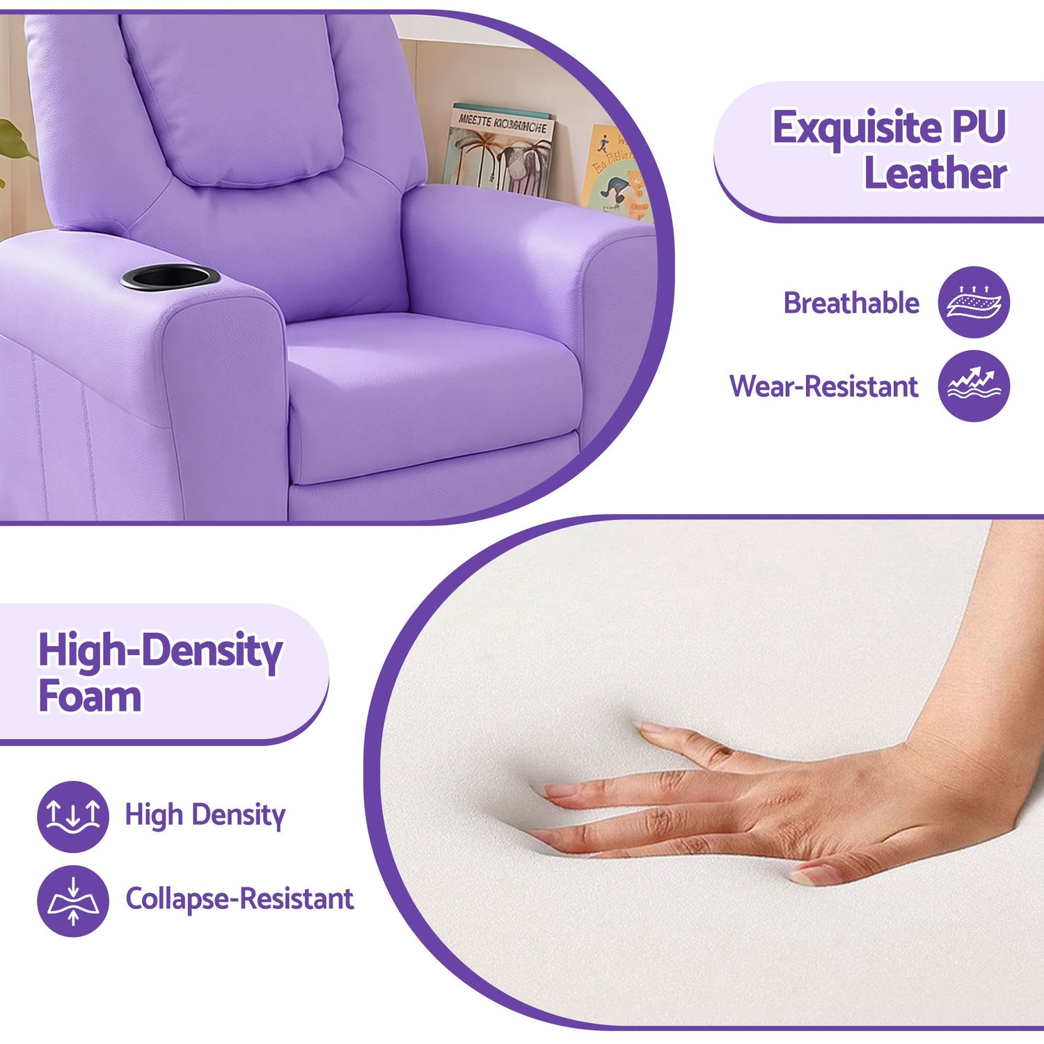 Keezi Kids Recliner Chair Purple PU Leather Sofa Lounge Couch Children Armchair-Recliner Chairs-PEROZ Accessories