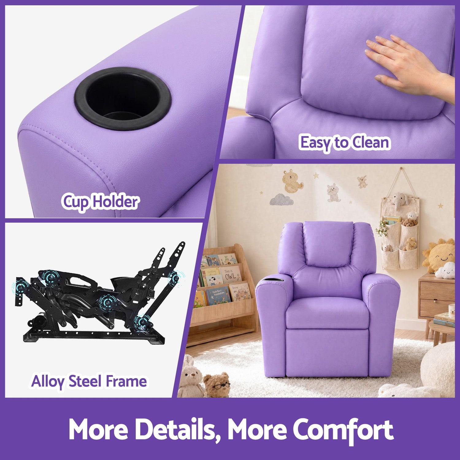 Keezi Kids Recliner Chair Purple PU Leather Sofa Lounge Couch Children Armchair-Recliner Chairs-PEROZ Accessories