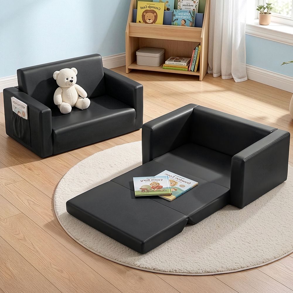Keezi Kids Sofa 2 Seater Children Flip Open Couch PU Leather Armchair Black-Baby &amp; Kids > Kid&