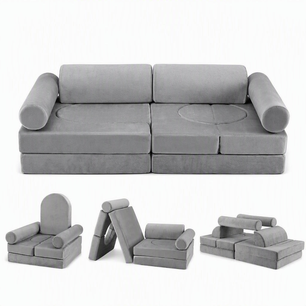 Keezi 12PCS Modular Kids Sofa Play Couch Foam Set with Removable Washable Cover Grey Playroom-Baby &amp; Kids > Kid&