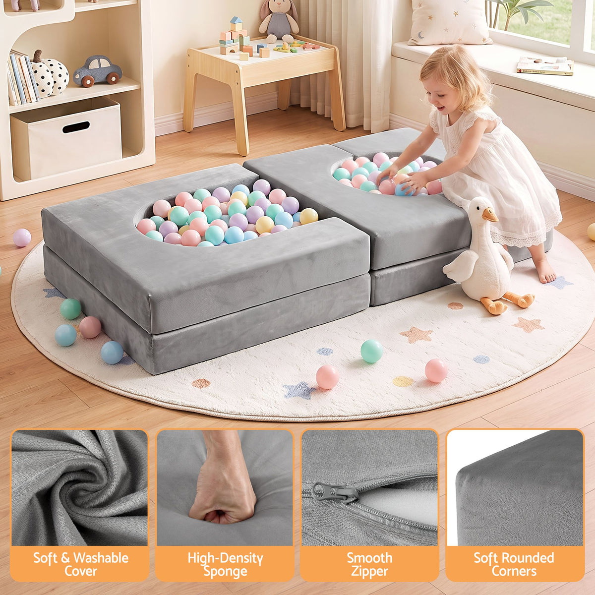 Keezi 12PCS Modular Kids Sofa Play Couch Foam Set with Removable Washable Cover Grey Playroom-Baby &amp; Kids > Kid&