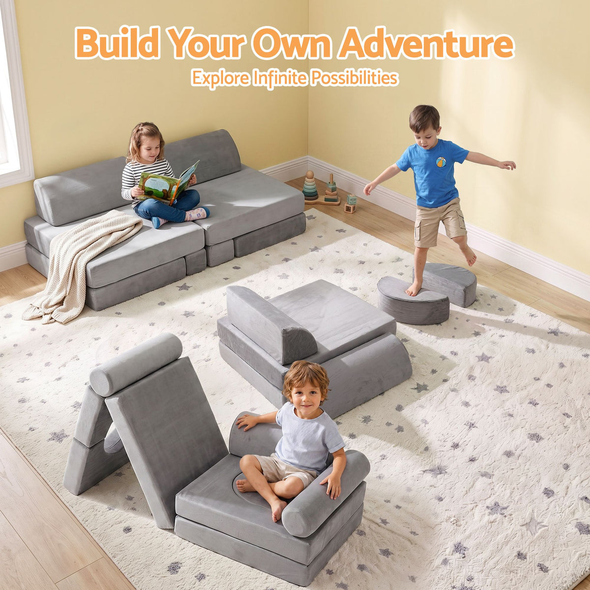 Keezi 12PCS Modular Kids Sofa Play Couch Foam Set with Removable Washable Cover Grey Playroom-Baby &amp; Kids > Kid&