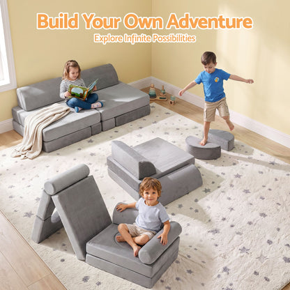 Keezi 12PCS Modular Kids Sofa Play Couch Foam Set with Removable Washable Cover Grey Playroom-Baby &amp; Kids > Kid&