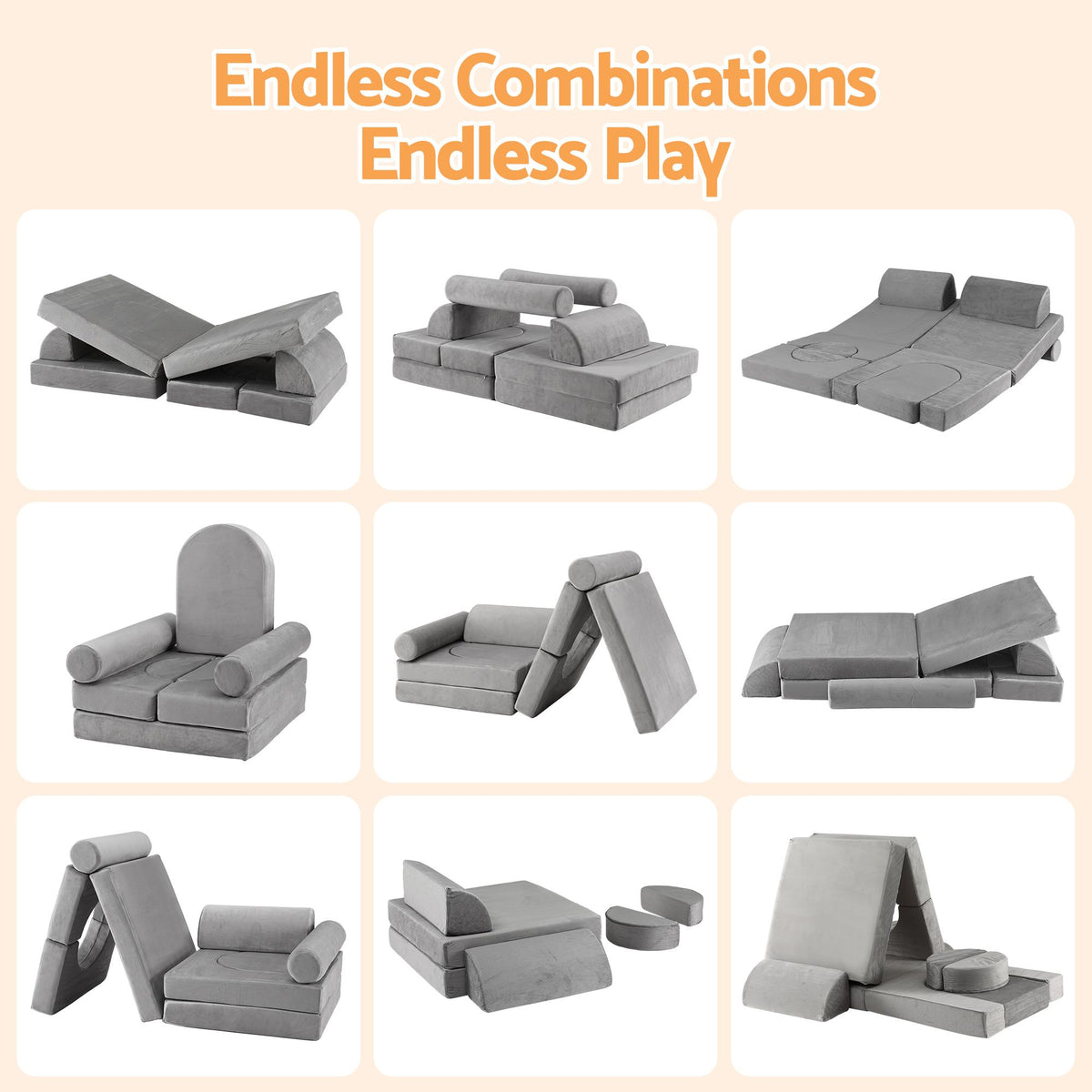 Keezi 12PCS Modular Kids Sofa Play Couch Foam Set with Removable Washable Cover Grey Playroom-Baby &amp; Kids > Kid&