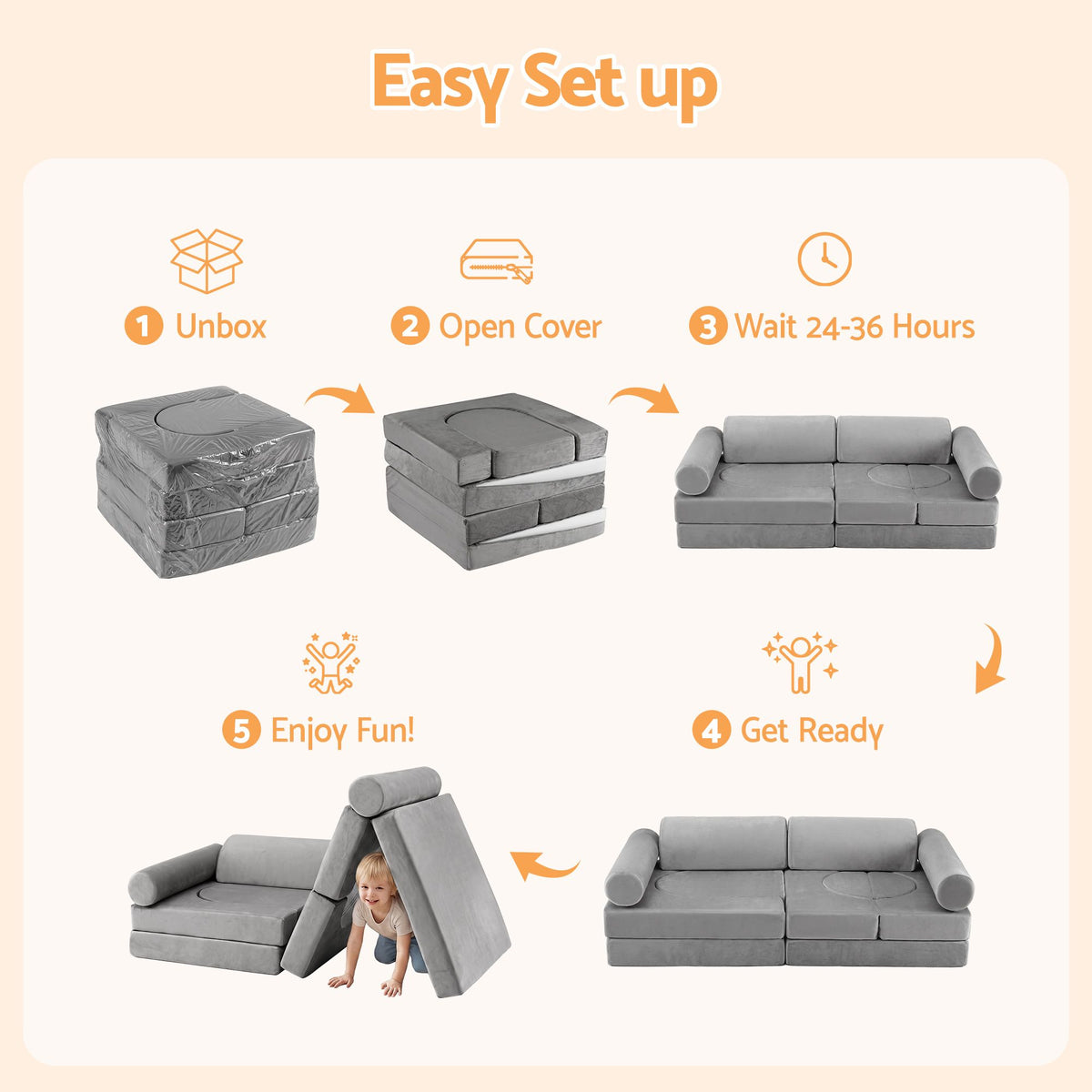 Keezi 12PCS Modular Kids Sofa Play Couch Foam Set with Removable Washable Cover Grey Playroom-Baby &amp; Kids > Kid&