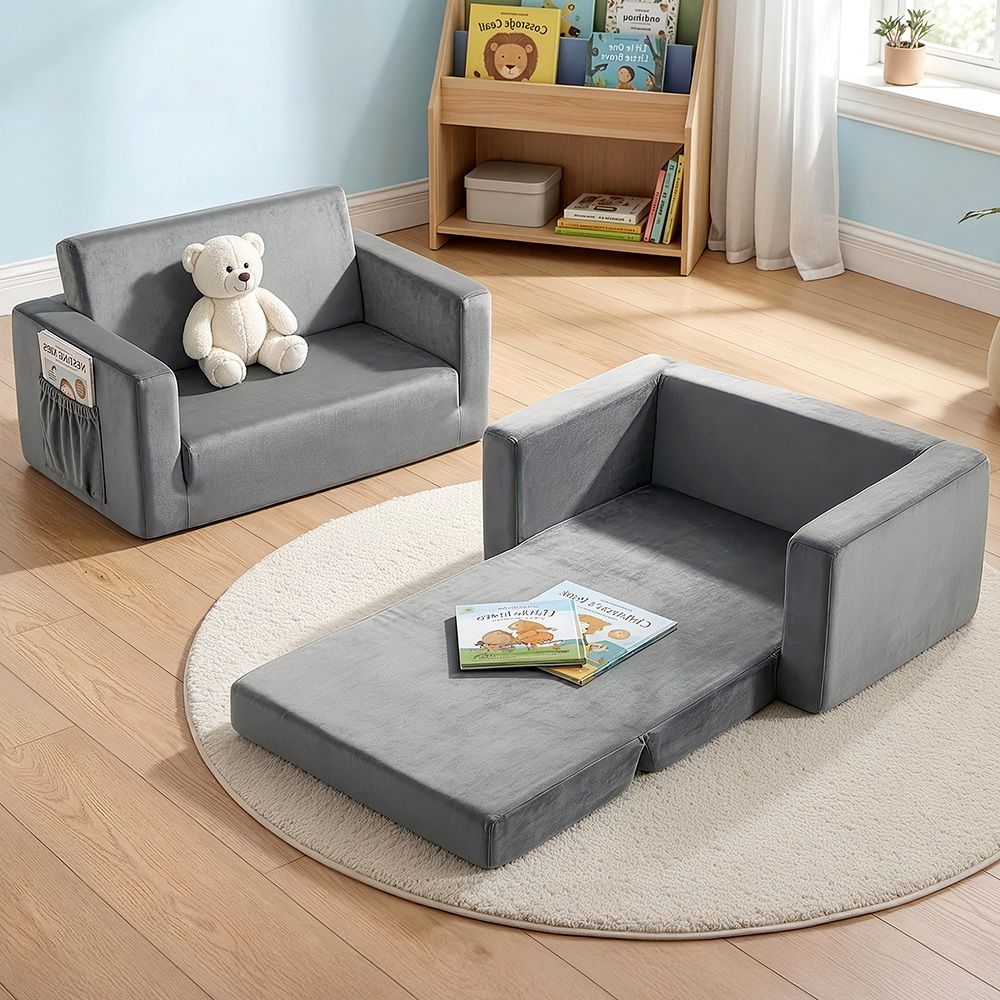 Keezi Kids Sofa 2 Seater Children Flip Open Couch Velvet Armchair Grey-Baby &amp; Kids > Kid&