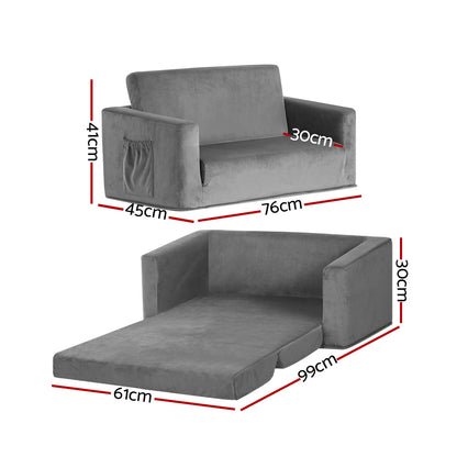 Keezi Kids Sofa 2 Seater Children Flip Open Couch Velvet Armchair Grey-Baby &amp; Kids &gt; Kid&