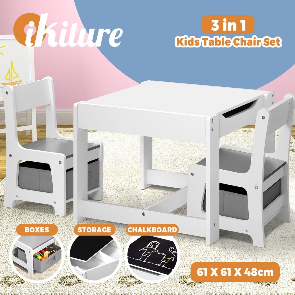Oikiture Kids Table and Chairs Set Activity Play Study Desk w/ Toys Storage Box Grey-Kid Table Sets-PEROZ Accessories