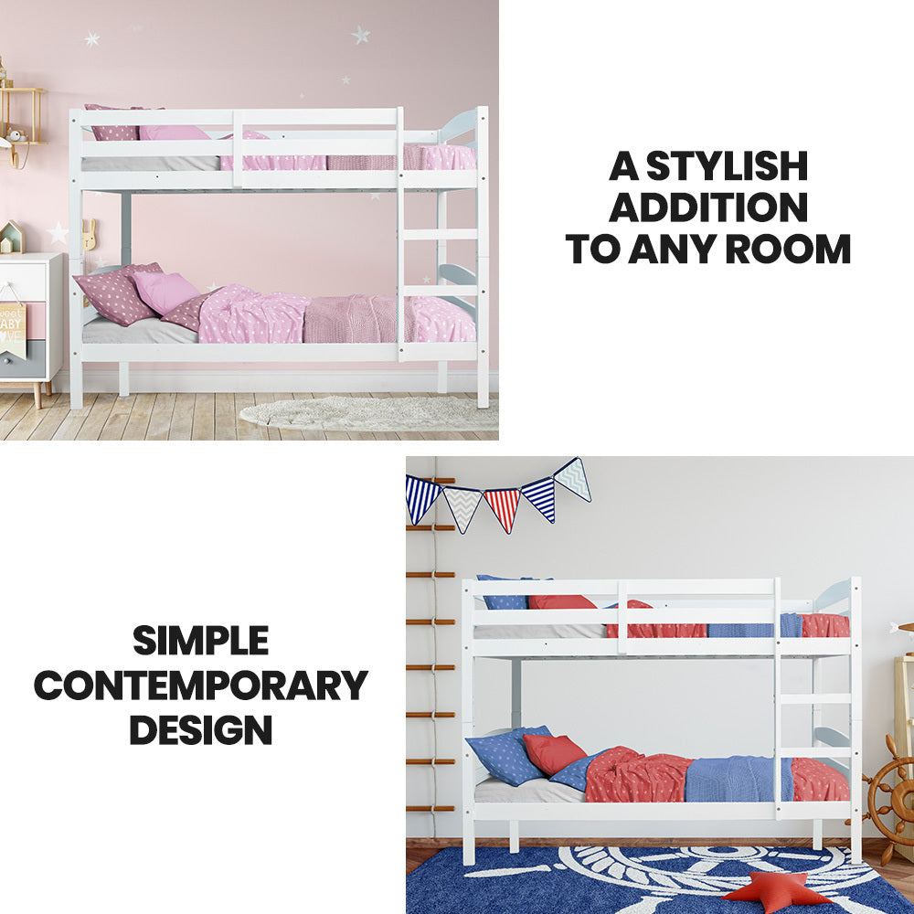 KINGSTON SLUMBER Single Bunk Bed Frame, Solid Pine 2-in-1 Modular Design, White-Furniture > Bedroom > Beds &amp; Bed Frames-PEROZ Accessories