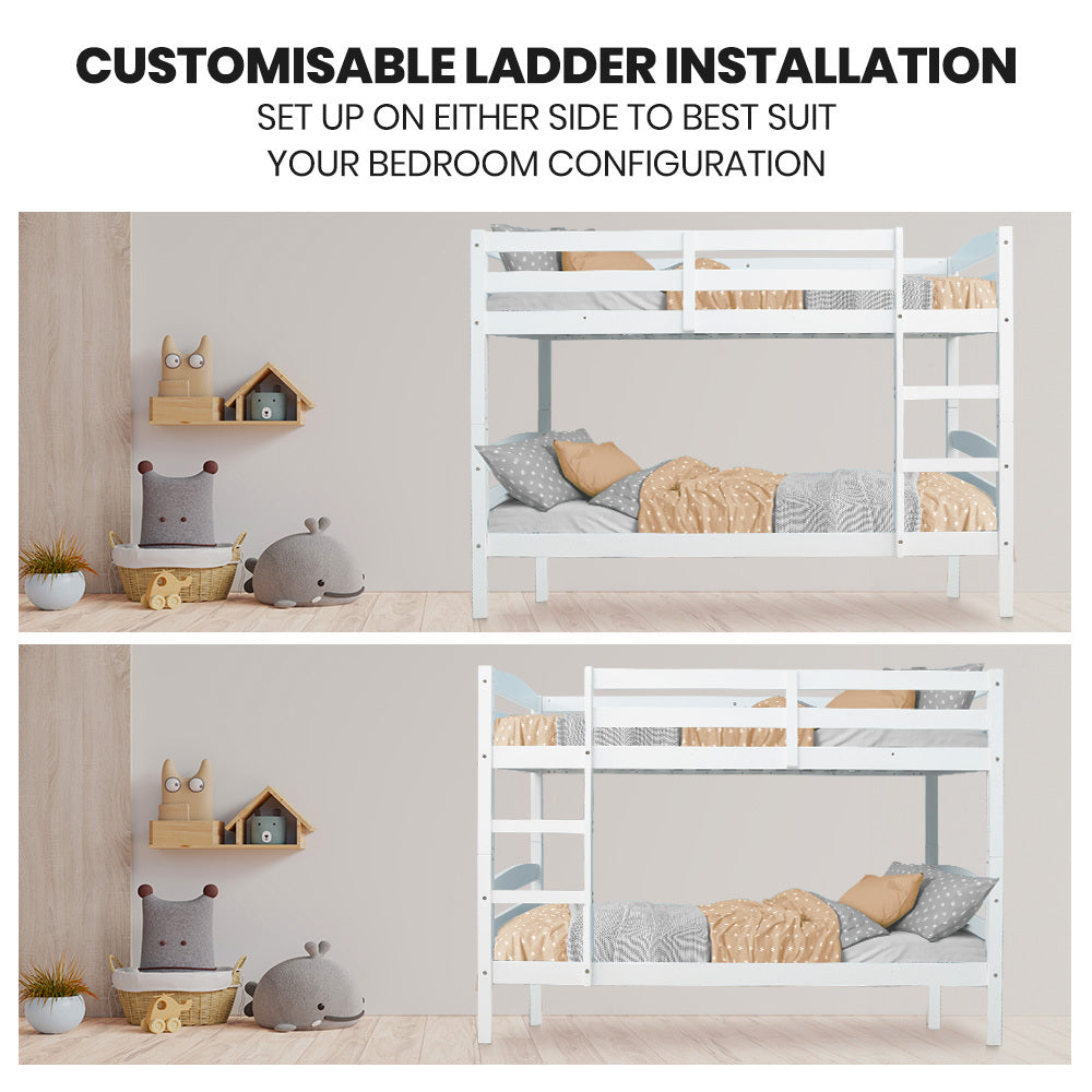 KINGSTON SLUMBER Single Bunk Bed Frame, Solid Pine 2-in-1 Modular Design, White-Furniture > Bedroom > Beds &amp; Bed Frames-PEROZ Accessories
