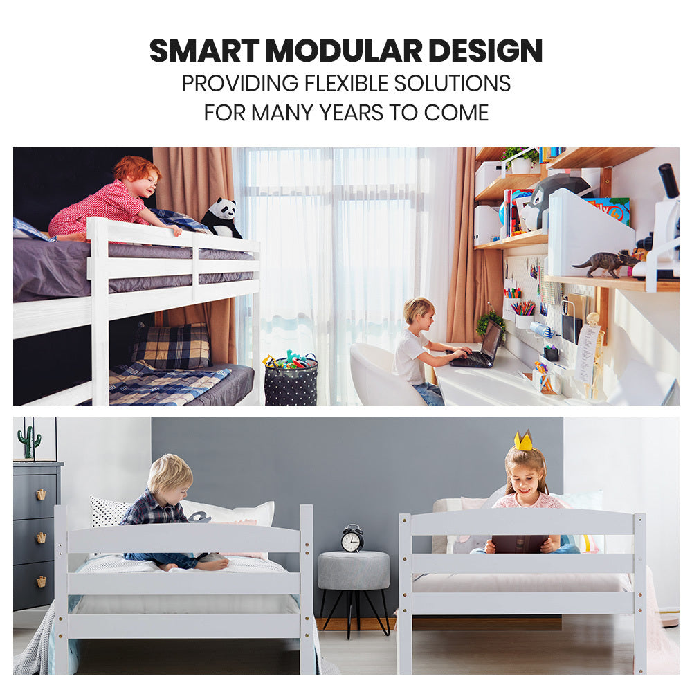 KINGSTON SLUMBER Single Bunk Bed Frame, Solid Pine 2-in-1 Modular Design, White-Furniture > Bedroom > Beds &amp; Bed Frames-PEROZ Accessories