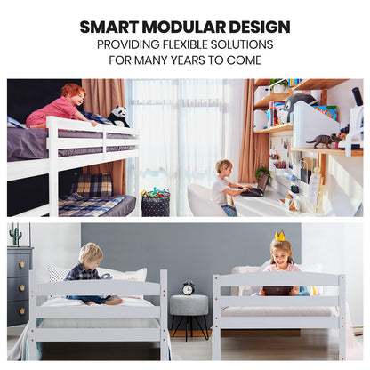 KINGSTON SLUMBER Single Bunk Bed Frame, Solid Pine 2-in-1 Modular Design, White-Furniture > Bedroom > Beds &amp; Bed Frames-PEROZ Accessories