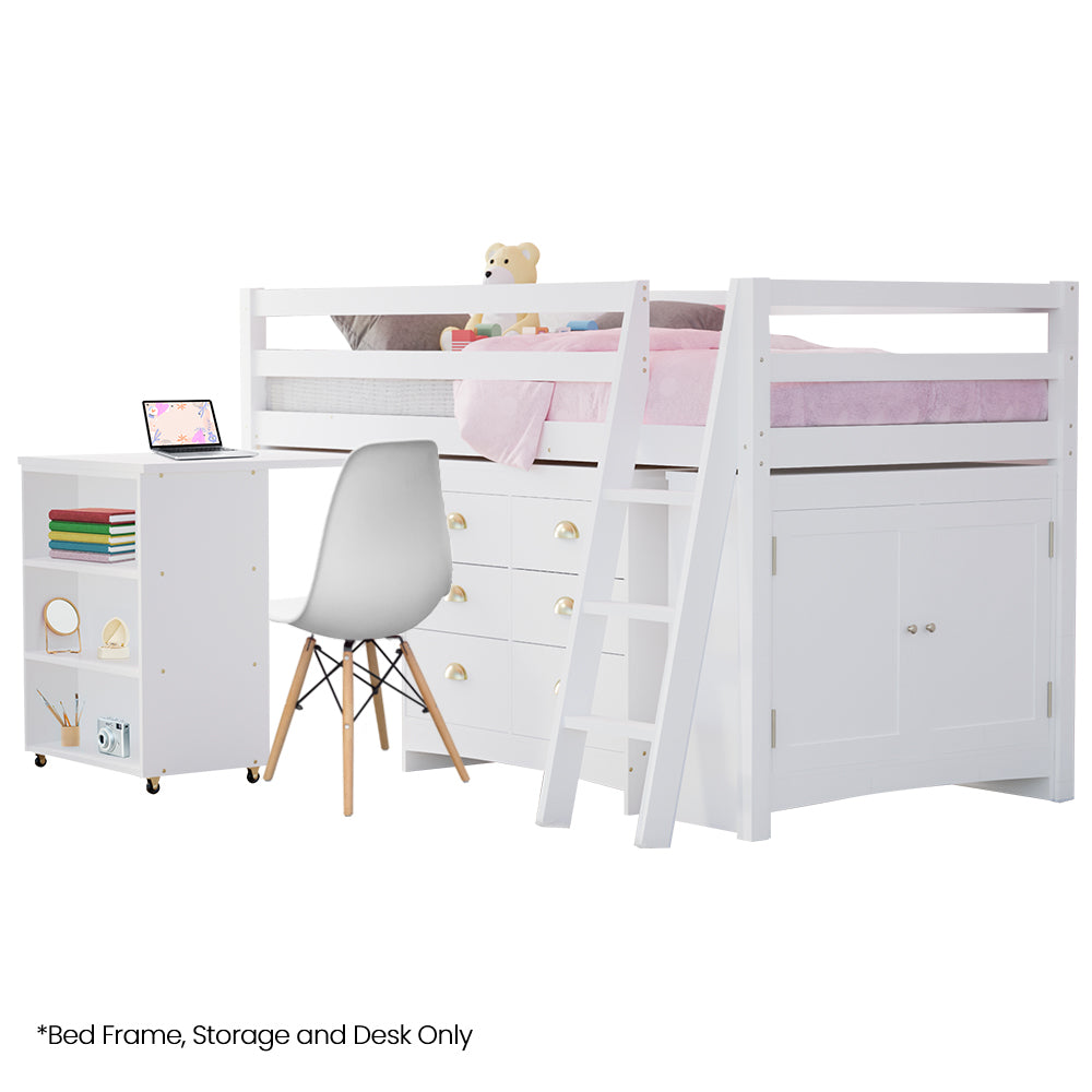 KINGSTON SLUMBER Wooden Kids Single Loft Bed Frame with Pull Out Desk, Storage Drawers, Cabinet - White-Furniture &gt; Bedroom &gt; Beds &amp; Bed Frames-PEROZ Accessories