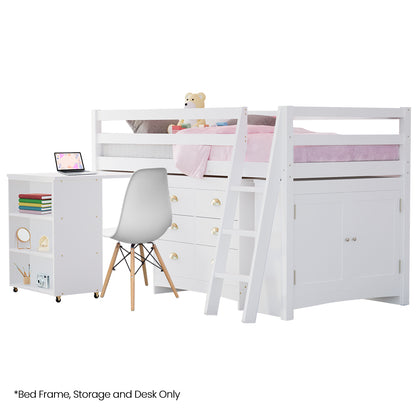 KINGSTON SLUMBER Wooden Kids Single Loft Bed Frame with Pull Out Desk, Storage Drawers, Cabinet - White-Furniture > Bedroom > Beds &amp; Bed Frames-PEROZ Accessories