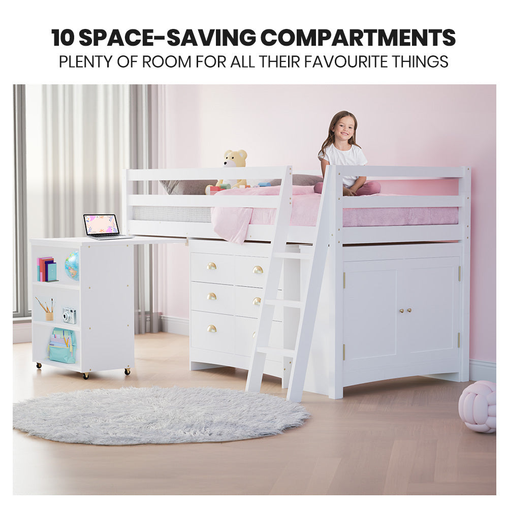 KINGSTON SLUMBER Wooden Kids Single Loft Bed Frame with Pull Out Desk, Storage Drawers, Cabinet - White-Furniture > Bedroom > Beds &amp; Bed Frames-PEROZ Accessories