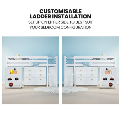 KINGSTON SLUMBER Wooden Kids Single Loft Bed Frame with Pull Out Desk, Storage Drawers, Cabinet - White-Furniture > Bedroom > Beds &amp; Bed Frames-PEROZ Accessories