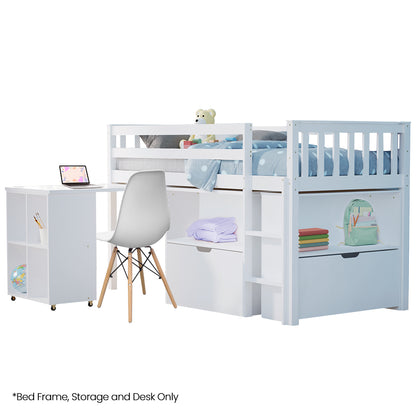 KINGSTON SLUMBER Wooden Kids Single Loft Bed Frame with Pull Out Desk, Storage Drawers - White-Furniture &gt; Bedroom &gt; Beds &amp; Bed Frames-PEROZ Accessories