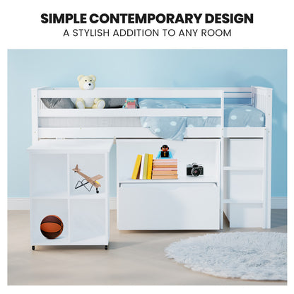 KINGSTON SLUMBER Wooden Kids Single Loft Bed Frame with Pull Out Desk, Storage Drawers - White-Furniture &gt; Bedroom &gt; Beds &amp; Bed Frames-PEROZ Accessories