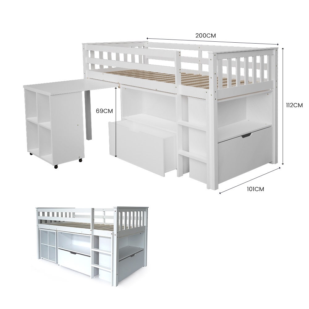 KINGSTON SLUMBER Wooden Kids Single Loft Bed Frame with Pull Out Desk, Storage Drawers - White-Furniture &gt; Bedroom &gt; Beds &amp; Bed Frames-PEROZ Accessories