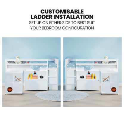 KINGSTON SLUMBER Wooden Kids Single Loft Bed Frame with Pull Out Desk, Storage Drawers - White-Furniture &gt; Bedroom &gt; Beds &amp; Bed Frames-PEROZ Accessories