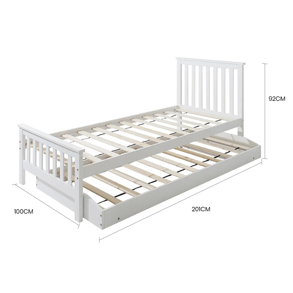 KINGSTON SLUMBER Wooden Single Bed Frame w/ Pop Up Trundle, for Kids Bedroom, White-Furniture > Bedroom > Beds &amp; Bed Frames-PEROZ Accessories