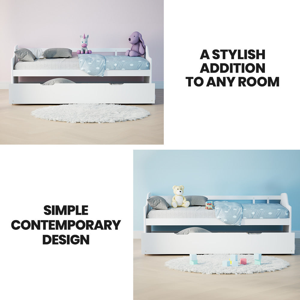 KINGSTON SLUMBER Wooden Single Sofa Bed Frame with Trundle Underbed - White-Furniture &gt; Bedroom &gt; Beds &amp; Bed Frames-PEROZ Accessories