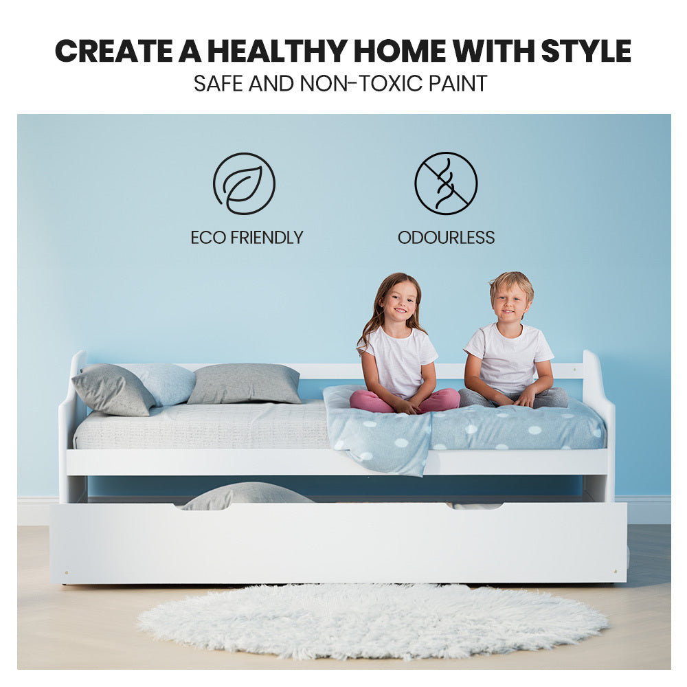 KINGSTON SLUMBER Wooden Single Sofa Bed Frame with Trundle Underbed - White-Furniture &gt; Bedroom &gt; Beds &amp; Bed Frames-PEROZ Accessories