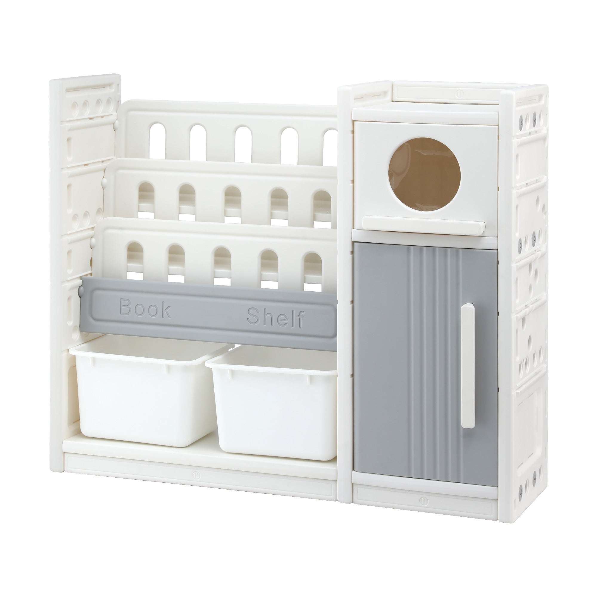 Keezi Kids Bookshelf and Toy Storage Organizer with 3-Tier Bookshelvs, 2 Removable Bins and 2 Storage Cabinets, Toddler Bookshelf with Toy Organizer for Kids&