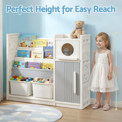 Keezi Kids Bookshelf and Toy Storage Organizer with 3-Tier Bookshelvs, 2 Removable Bins and 2 Storage Cabinets, Toddler Bookshelf with Toy Organizer for Kids&