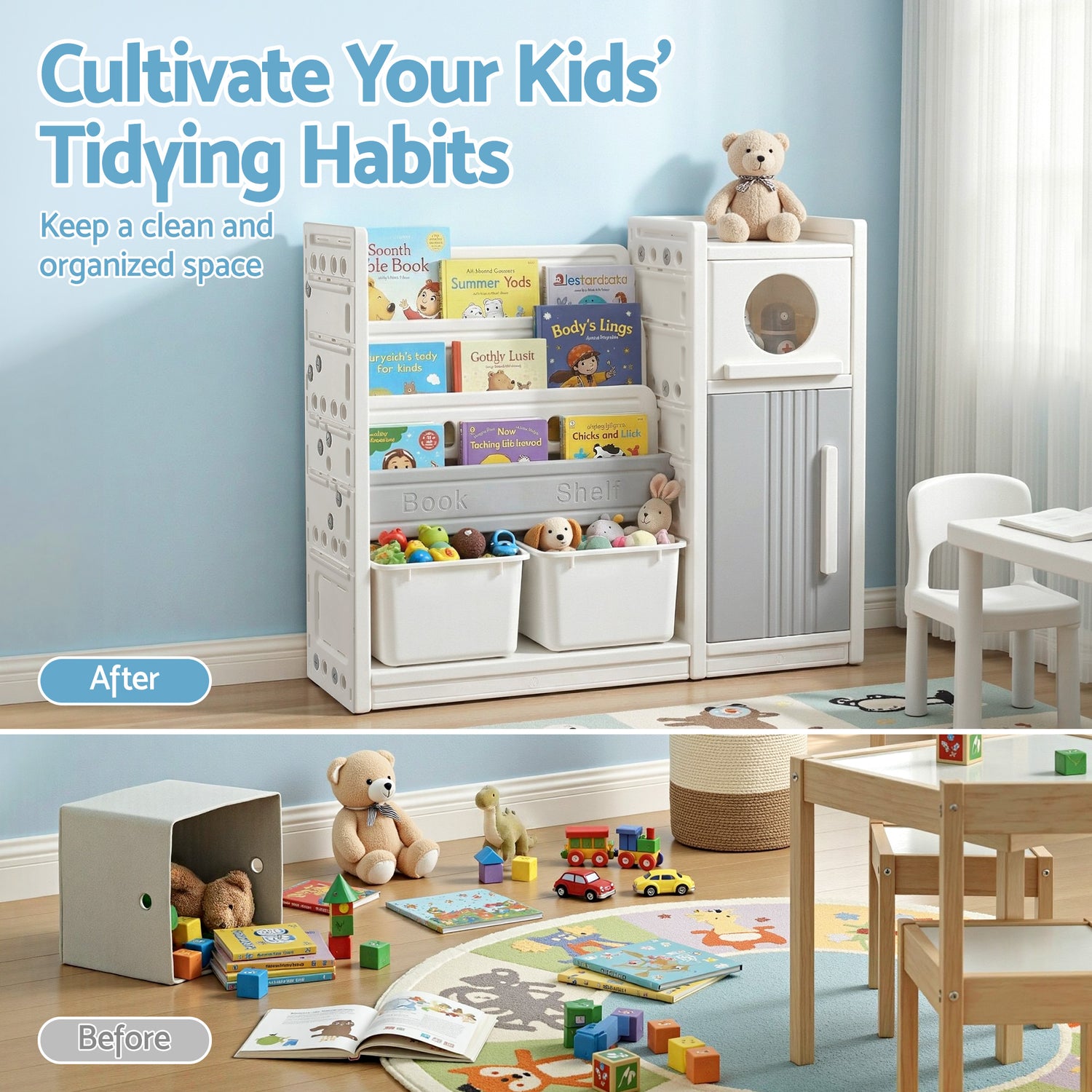 Keezi Kids Bookshelf and Toy Storage Organizer with 3-Tier Bookshelvs, 2 Removable Bins and 2 Storage Cabinets, Toddler Bookshelf with Toy Organizer for Kids&