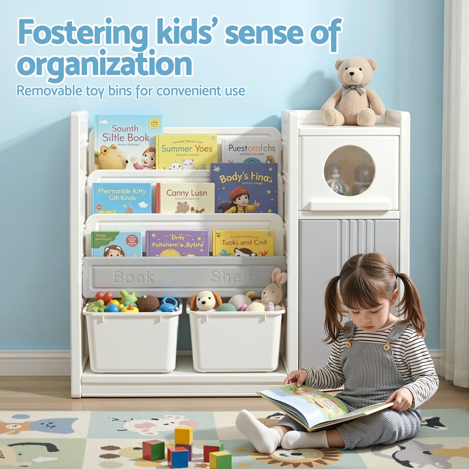 Keezi Kids Bookshelf and Toy Storage Organizer with 3-Tier Bookshelvs, 2 Removable Bins and 2 Storage Cabinets, Toddler Bookshelf with Toy Organizer for Kids&