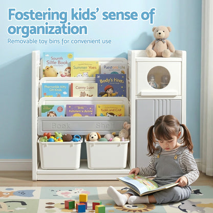Keezi Kids Bookshelf and Toy Storage Organizer with 3-Tier Bookshelvs, 2 Removable Bins and 2 Storage Cabinets, Toddler Bookshelf with Toy Organizer for Kids&