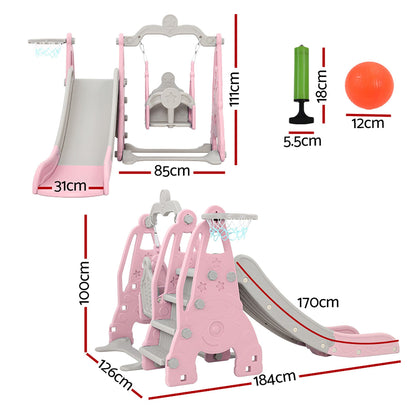 Keezi Kids Slide Swing Set Basketball Hoop Outdoor Playground Toys 170cm Pink-Outdoor Slides-PEROZ Accessories