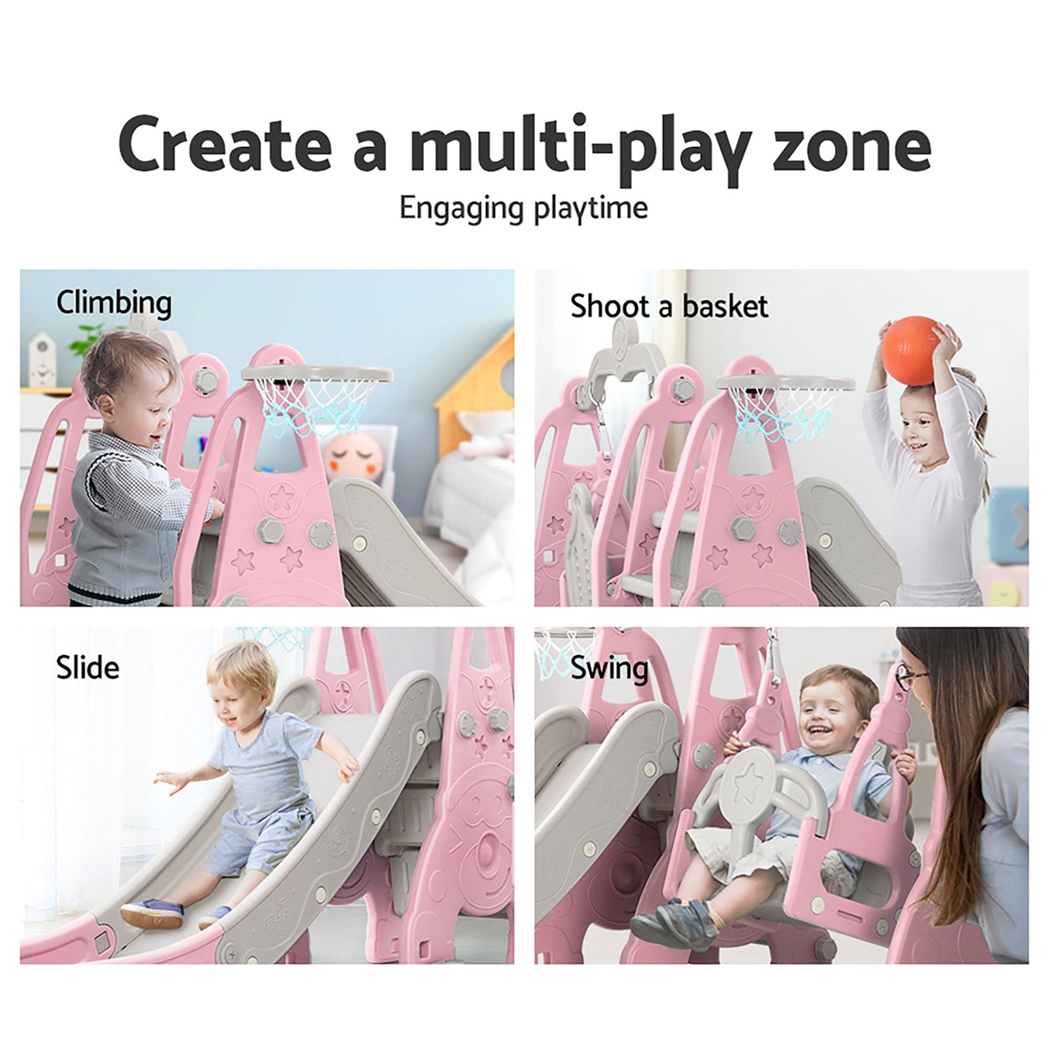 Keezi Kids Slide Swing Set Basketball Hoop Outdoor Playground Toys 170cm Pink-Outdoor Slides-PEROZ Accessories