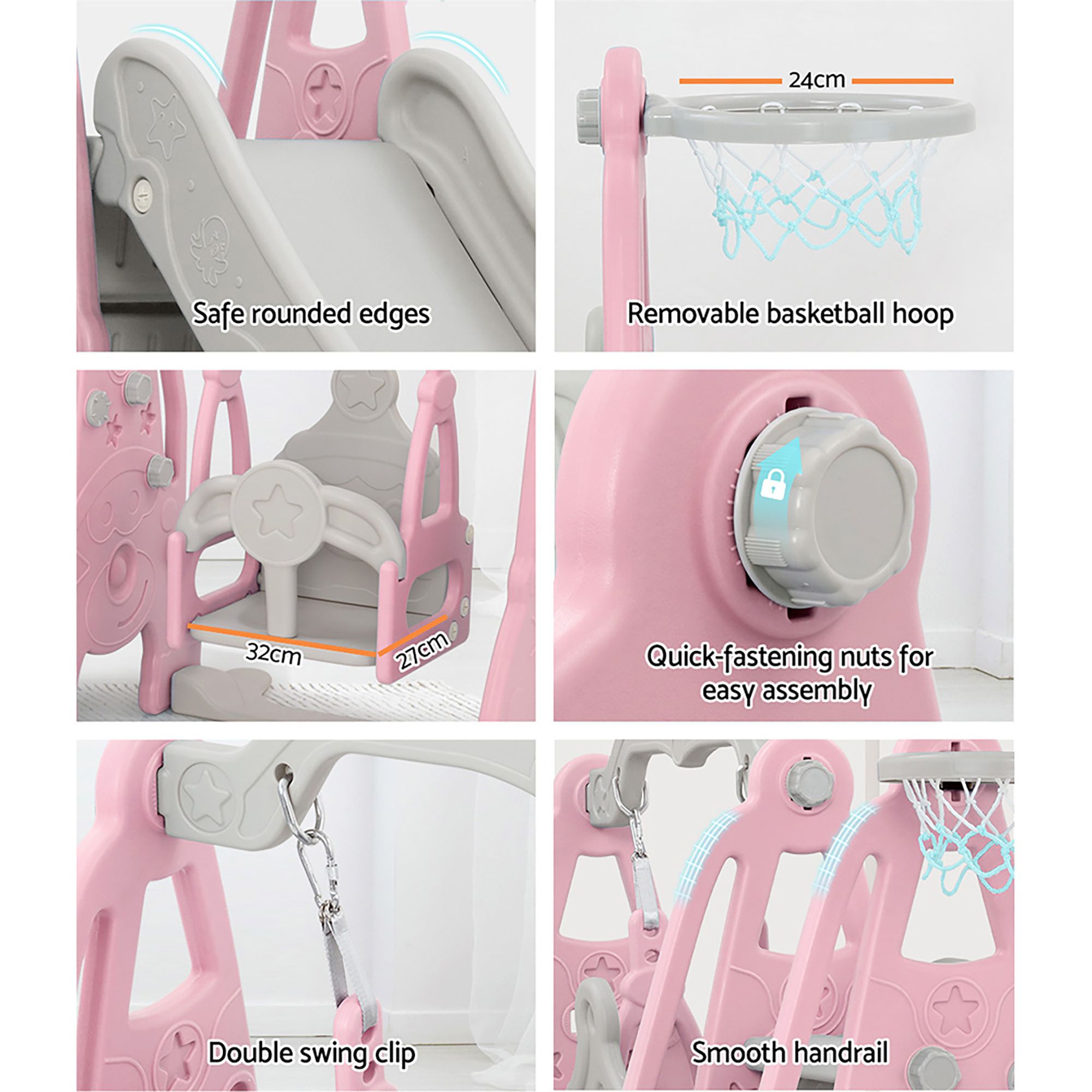 Keezi Kids Slide Swing Set Basketball Hoop Outdoor Playground Toys 170cm Pink-Outdoor Slides-PEROZ Accessories