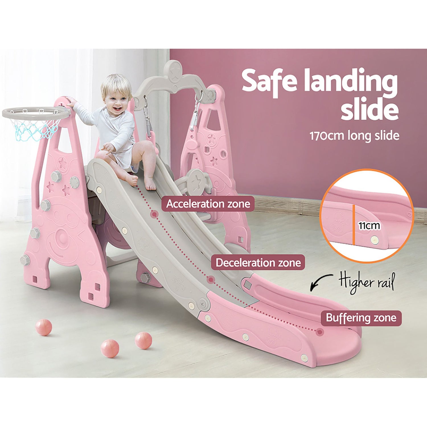 Keezi Kids Slide Swing Set Basketball Hoop Outdoor Playground Toys 170cm Pink-Outdoor Slides-PEROZ Accessories