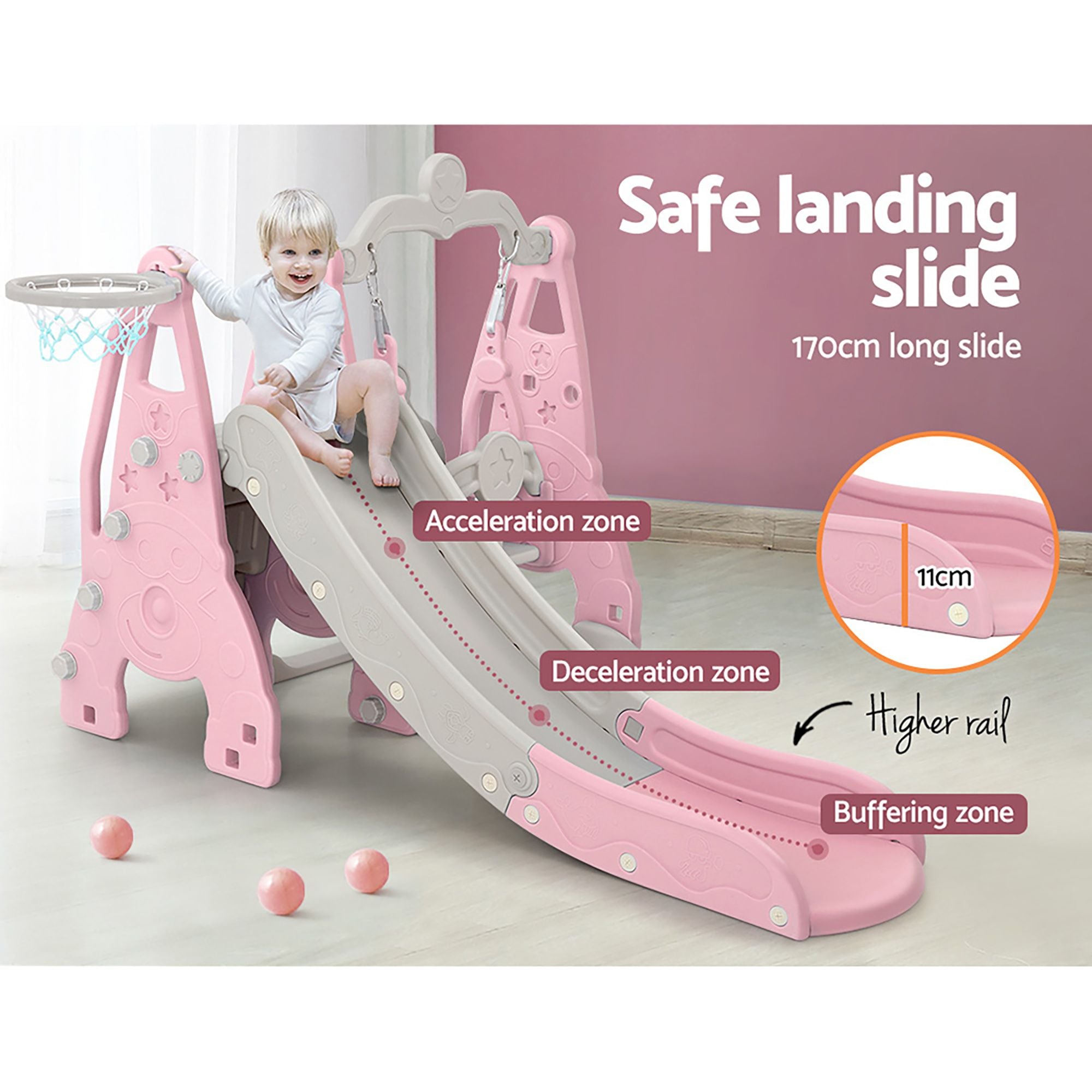 Keezi Kids Slide Swing Set Basketball Hoop Outdoor Playground Toys 170cm Pink-Outdoor Slides-PEROZ Accessories
