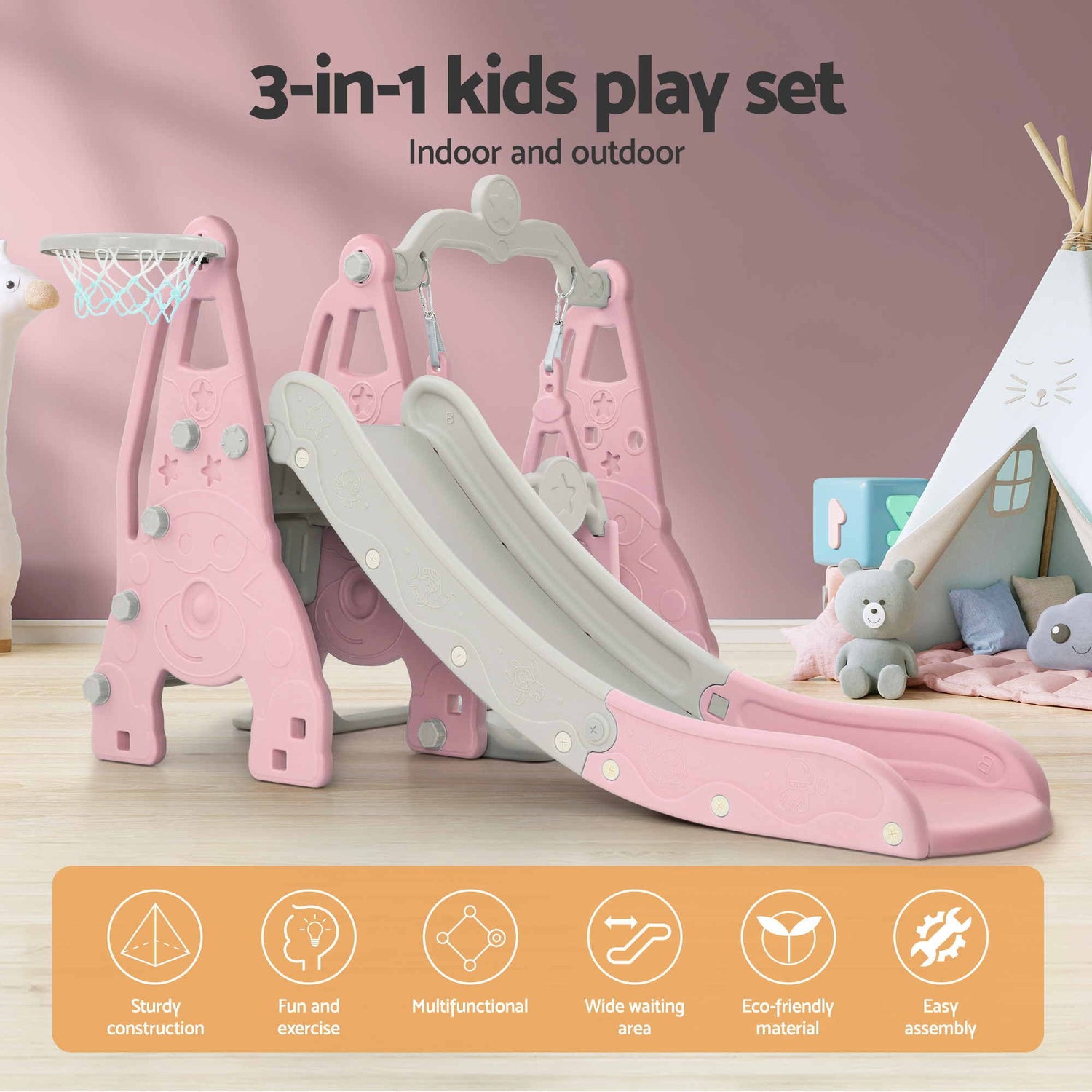 Keezi Kids Slide Swing Set Basketball Hoop Outdoor Playground Toys 170cm Pink-Outdoor Slides-PEROZ Accessories